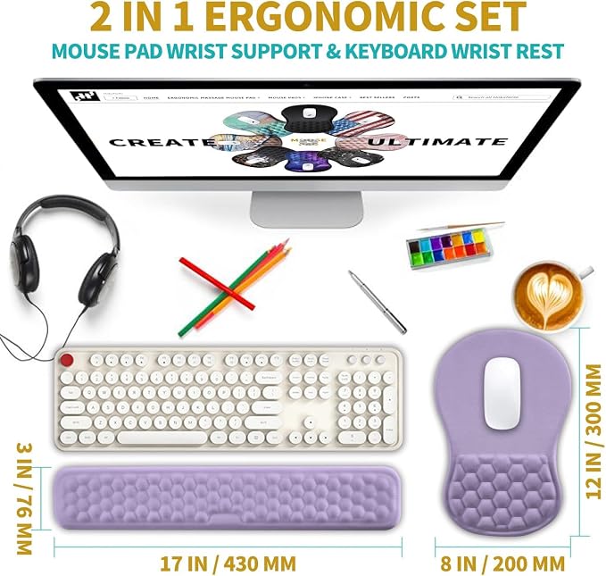 Hokafenle 2 in 1 Ergonomic Mouse Pad Wrist Support & Wrist Rest for Computer Keyboard Set, with Relieve Carpal Tunnel Pain Massage Bulge and Full Memory Gel Design (2In1 Set, Lavender) - Image 2