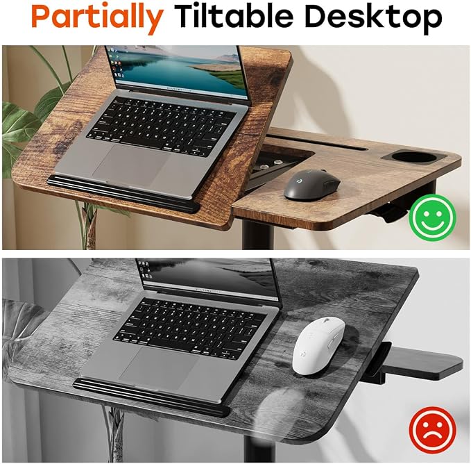 JOY worker Mobile Sit Stand Desk, 60° Tiltable Portable Desk, Rustic Brown | Pneumatic Height Adjustable Cart, Rolling Sit Stand Desk with Wheels & Cup Holder for Office Home School, Holds Up to 22lbs - Image 3