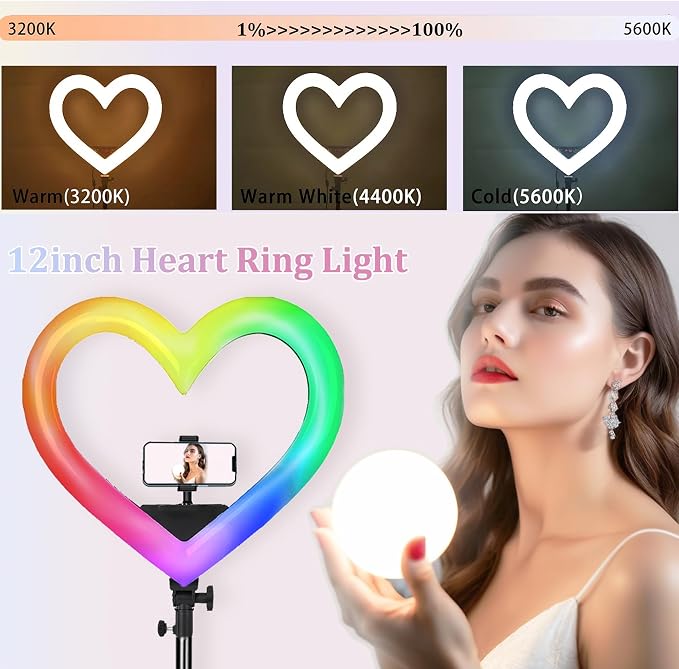 Heart Ring Light, 13" Desk Ring Light with Extendable Selfie Stick Stand for Laptop Video Conference Lighting with Phone Holder Height Adjustable 47 Color Modes for Live Stream/Makeup Compatible - Image 2
