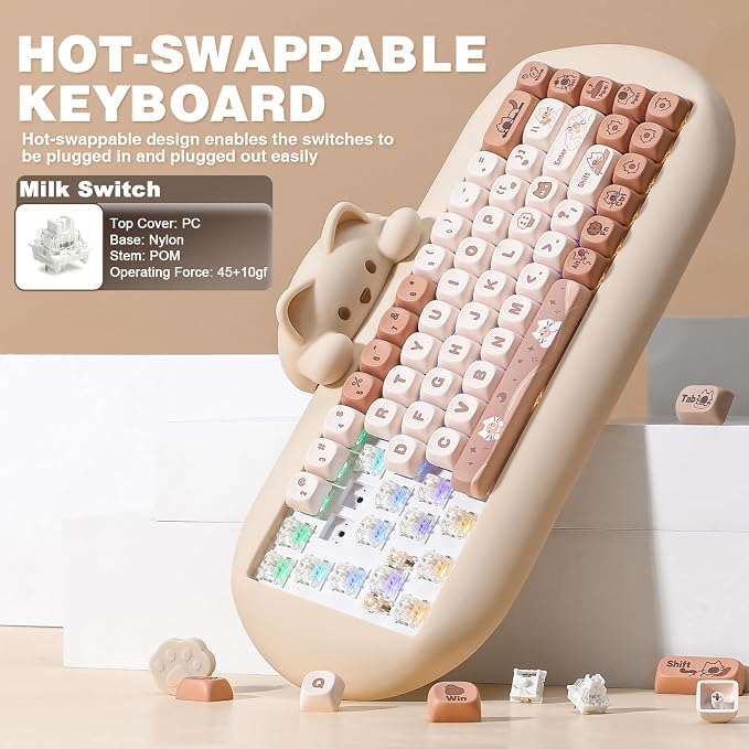 YUNZII C68 Wireless Mechanical Keyboard,65% Layout,Hot Swap,Triple Mode BT5.0/2.4G/Wired, RGB Backlit NKRO,Cute Cat Silicone Ergonomic Design for Win/Mac (Brown, Milk Switch) | Wireless Triple Mode BT5.0/2.4G/Wired, RGB Backlit NKRO, Cute Cat Silicone ... - Image 6