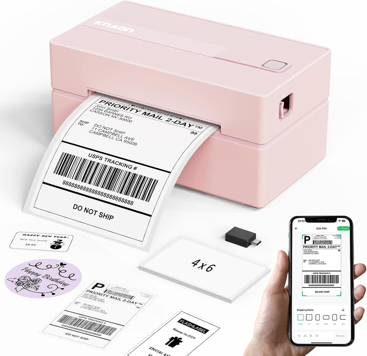 KNAON Bluetooth Thermal Shipping Label Printer 4x6 for Small Business, Pink by KNAON