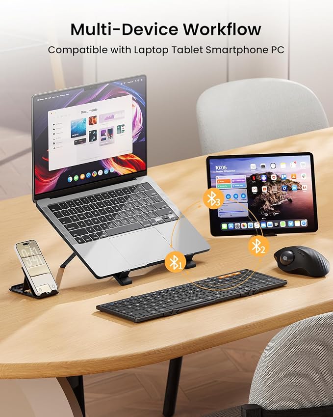ProtoArc XK01 Full-Size Foldable Bluetooth Keyboard for Travel, Black | 105 keys, number pad, 0.65in keycaps, 3-device Bluetooth 5.1 switching, USB-C charging, for laptop tablet phone - Image 5