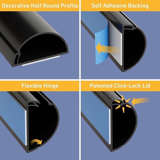 D-Line 13.12ft Cord Hider Kit, Patented Cable Cover, Hide Wires on Wall, Channel for TV Mount Cords, Raceway Wire Hiders, Paintable, Adhesive, Half Round, 4X 1.18in W x 0.59in H x 39in Lengths, Black - Image 3