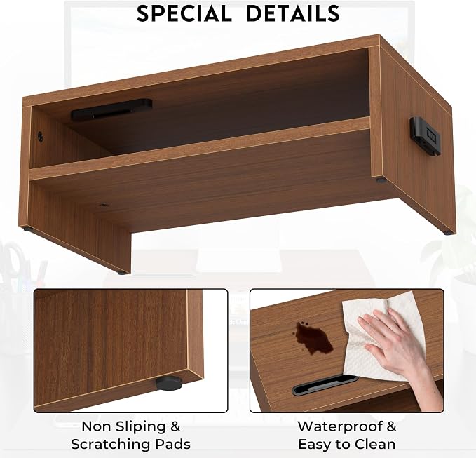 BONTEC Wooden Monitor Stand Riser for Desk, 2-Tier Computer Monitor Stand | 66 lbs Desk Shelf Organizer with Storage, Laptop & Printer Stand with Phone Holder and Cable Management, Walnut, 16.5 Inch - Image 7