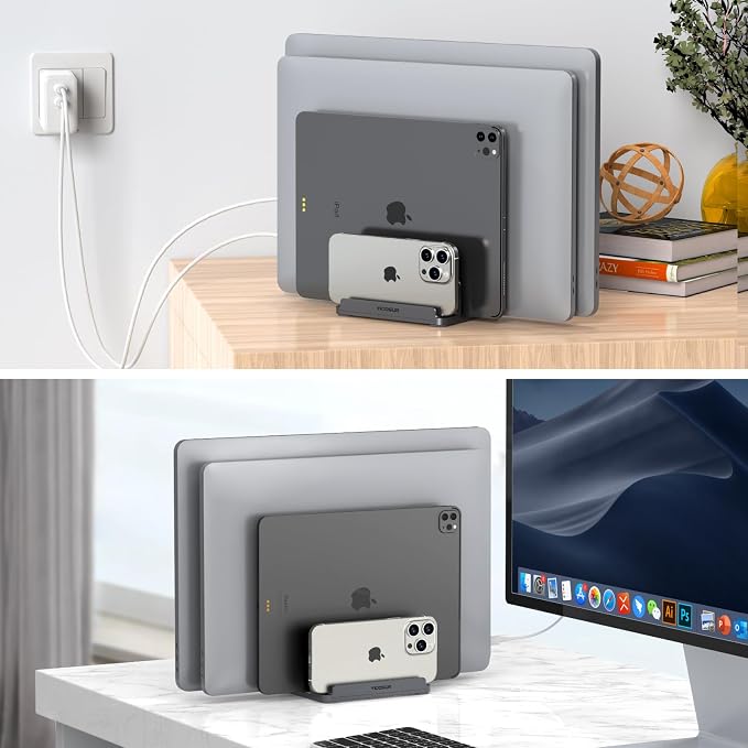 YICOSUN 4-Slot Aluminum Vertical Laptop Stand for Desk - Adjustable Width Dock for MacBook, Surface, Samsung, HP, Dell up to 17.3 inches - Space-Saving & Protective Design - Gray - Image 5