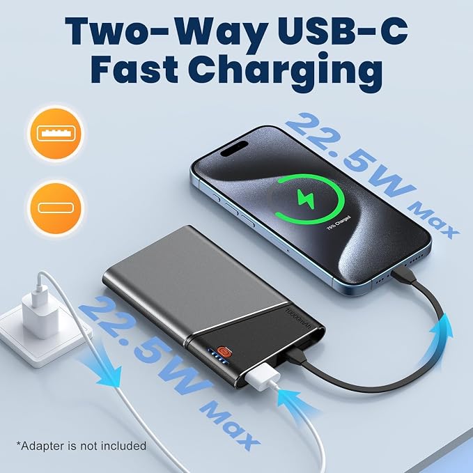 Aaoyun 10000mAh Portable Power Bank, 22.5W PD Fast Charging Battery Pack with Built-in USB-C Cable, Ultra-Slim External Phone Charger for iPhone 17/16/15, Samsung Galaxy S24, Android (Grey) - Image 7