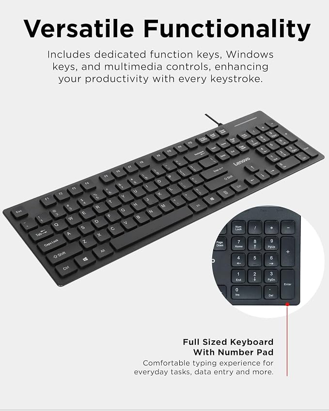 Lenovo 305 Wired USB-C Keyboard with Numeric Keypad, Full Size Keyboard, Slim Design, Black, USB-C Connectivity, Dedicated Function & AI Keys, for Gaming PC, Laptop, Desktop, Tablet, Home Office - Image 4