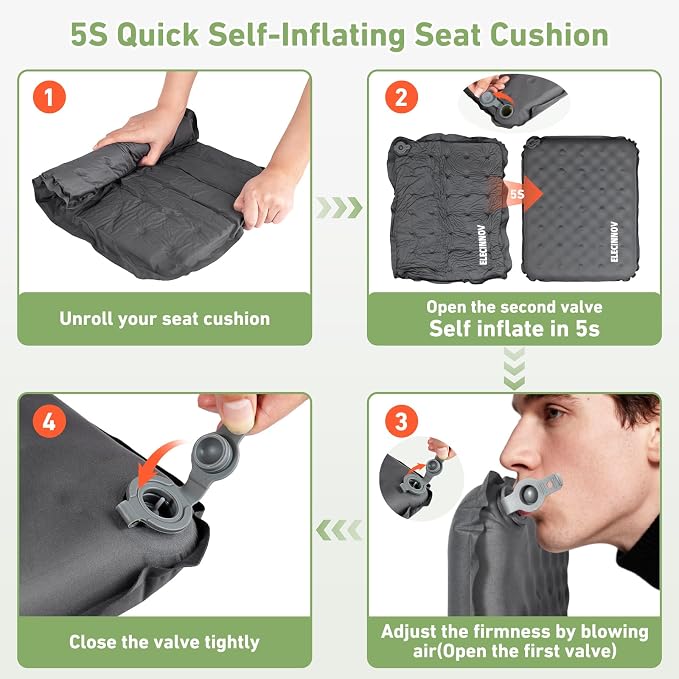 Inflatable Seat Cushion, 2 Pack Self Inflating Compact Stadium Seat Cushion | Airplane Bleacher Seat Cushion Comfortable & Portable Blow-Up High Density Foam Pad for Travel Outdoors Camping (Grey) - Image 5