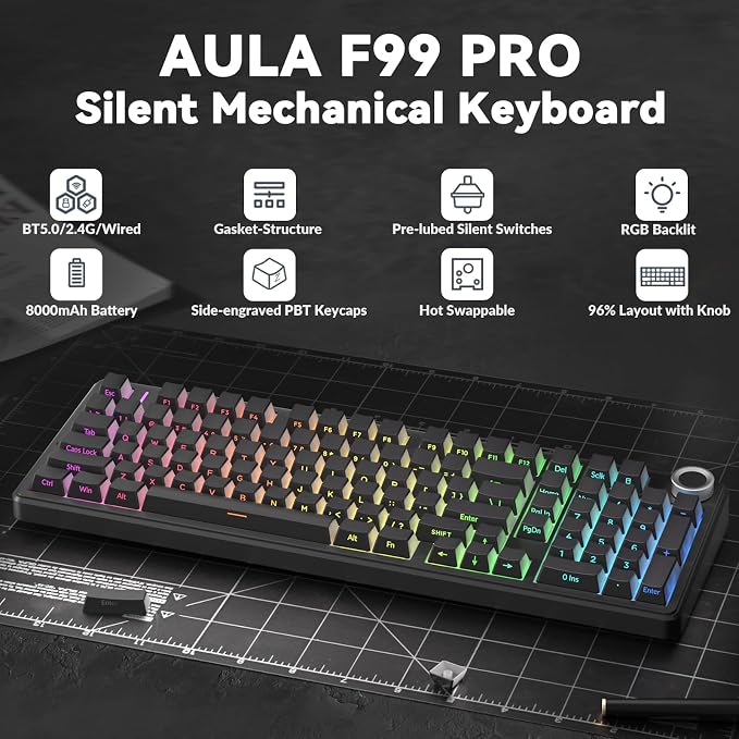 AULA F99 Pro Wireless Mechanical Keyboard-Silent Version,BT5.0/2.4GHz/USB-C Hot Swappable Custom Keyboard,Gasket Structure,Pre-lubed Linear Switches RGB Backlit Computer Gaming Keyboards,Black - Image 2