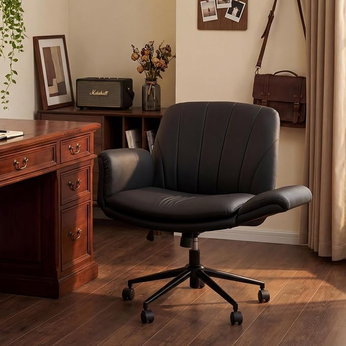 Dowinx Criss Cross Chair with Five-Level Adjustable Arms and Wheels - Comfortable Ergonomic PU Leather Swivel Vanity Chair - Computer Makeup Gaming Chair for Home Office, Bedroom, Living Room (Black) - Image 9
