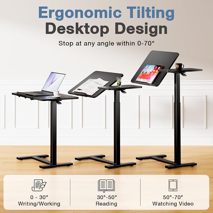 DUMOS Adjustable Bedside Overbed Table with Wheels, Black | Laptop Standing Desk with Tilting Top Height, Mobile Rolling Computer Cart for Hospital Home Bedroom Use - Image 4