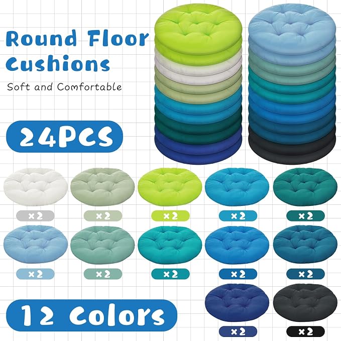 Tinideya 24 Pcs Floor Cushions Classroom,Medium 15.7 Inch,Blue-Green | Round Meditation Pillows for Adults Kids, Flexible Seating Nursery Living Room Yoga, Soft Padded Chair Cushion - Image 4