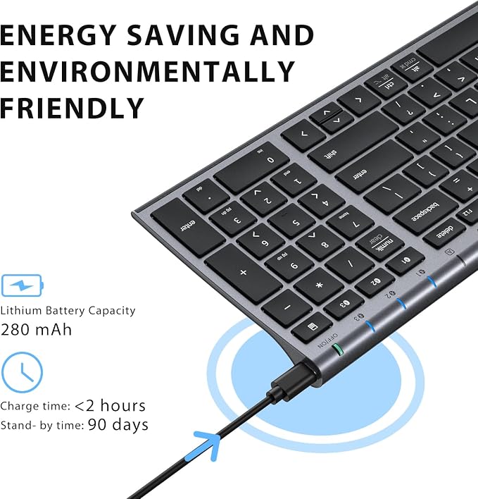 iClever BK10 Bluetooth Keyboard, Wireless Rechargeable Ultra-Slim Keyboard with Long Battery Life, Compatible with iOS, Android, Windows, Mac for iPad, Tablet, Laptop, PC, Phone (Gray Black) - Image 3