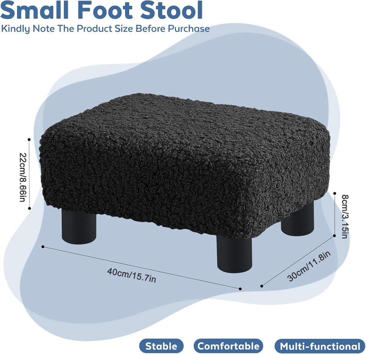 BRIAN & DANY Small Foot Stool Ottoman, Footstool with Legs, Sherpa Foot Rest for Couch, Foot Stools Small for Living Room, Bedroom and Office, Coal Black - Image 2