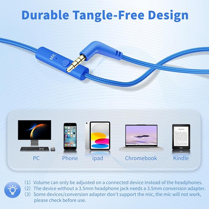 Botesty Sound Wired Headphones with Microphone, Over Ear 3.5mm Plug in Headphones with 4.9ft Tangle-Free Nylon Cord for Tablet, Laptop, MP3/4, School, Airplane Travel (Blue) - Image 6
