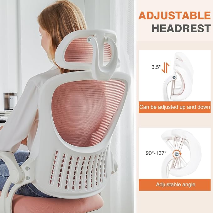 Sweetcrispy Computer Desk Chair, Mesh Office Chair with Lumbar Support | Ergonomic High-Back, Rolling Work, Adjustable Headrests, Flip-up Arms, Home Bedroom Study, Pink - Image 6