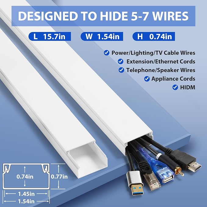 157in Cord Covers for Wires on Wall, Large Wall Wire Hider Kit, White | Large Cord Hider for Wall Mount TV, Cable Covers for Cords on Wall, Hide Cords Wall Mounted TV, 10 x L15.7in W1.54in H0.74in - Image 2