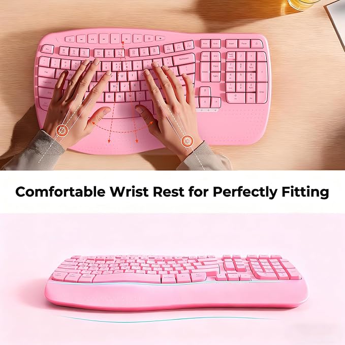 MEETION Wireless Ergonomic Keyboard with Wave Keys and Wrist Rest - Pink | Firm wrist rest, 2.4G USB-A receiver, USB-C adapter included, full-size layout, compatible with Windows, Mac, PC, laptop - Image 3
