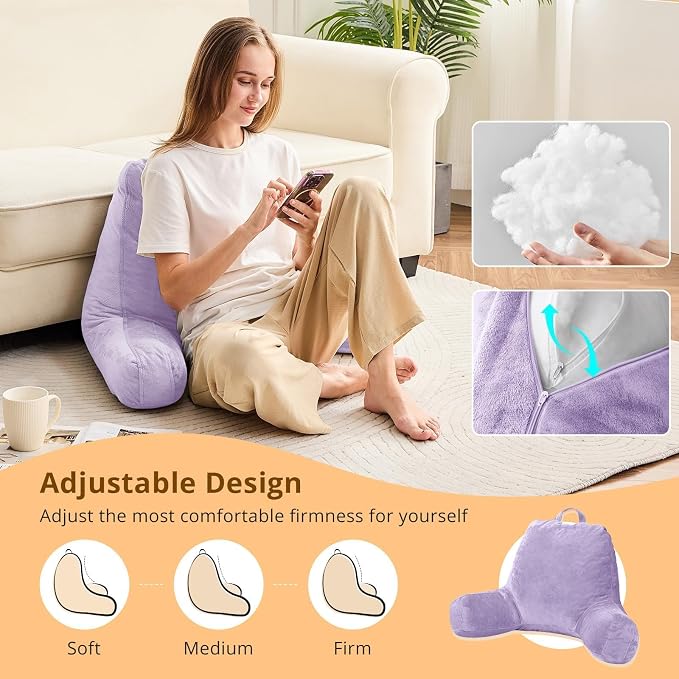 Sasttie Reading Pillow for Bed, Back Pillow for Sitting Up, Lavender | 18" Backrest Support Cushion for Couch, Sofa, and Floor, Dorm Essentials, OEKO-TEX, Adjustable Down Alternative Fill - Image 3