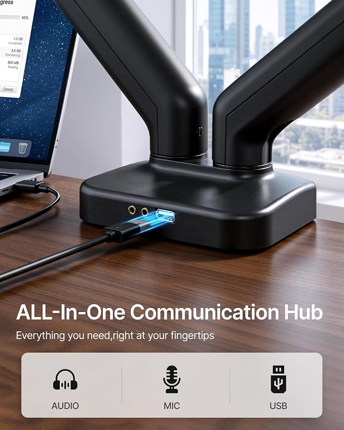 monTEK Dual Monitor Arm with USB Ports for 17-32" Screen up to 19.8 lbs | USB/audio ports for workspace, mechanical spring, full motion for flat/curved screens, clamp/grommet bases and VESA 75/100 - Image 3
