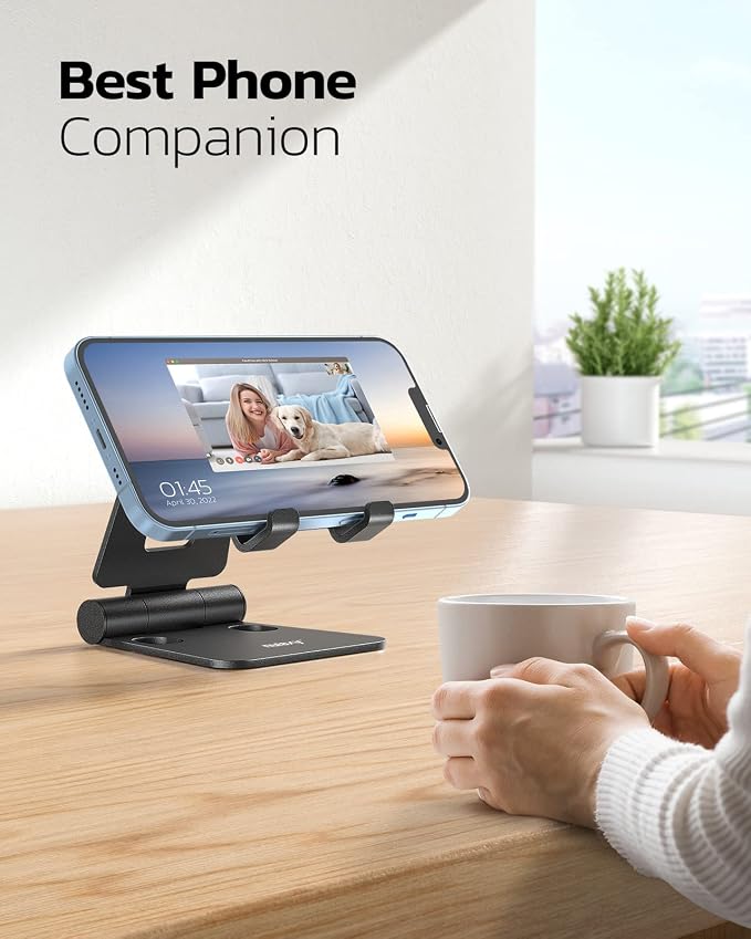 Nulaxy Full Aluminum Dual Folding Cell Phone Stand for Desk, Black | Height Angle Adjustable, Portable, Anti-Slip Base, Fits 18mm Thick Case Smartphone, Nintendo Switch Desk Essential Accessory - Image 6