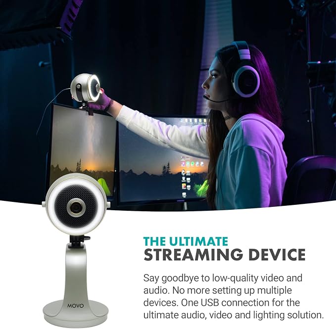 Movo WebMic HD Pro All-in-One Webcam with Mic and Ring Light in Silver- 1080p HD Camera, Pro Cardioid Condenser Microphone, LED Ring Light -HD Webcam for Streaming, Video Calls, Recording, Gaming - Image 2