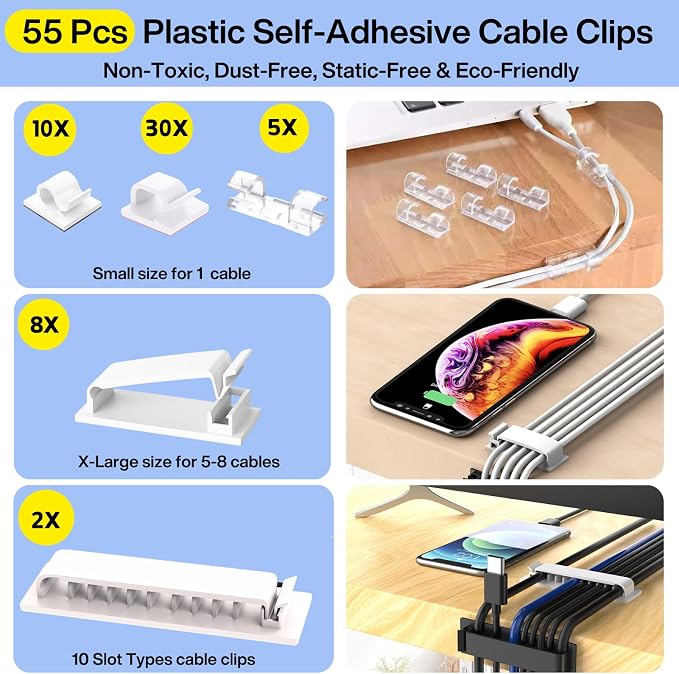 [313Pcs] Cable Management Kit, 67 Adhesive Cable Clips, Topavatop Desk Cord Organizer, 22 Reusable Cable Strap, 4 Cable Sleeve Split, 200 Nylon Cable Zip Ties with 20 Mounts for TV Office Home, White - Image 2