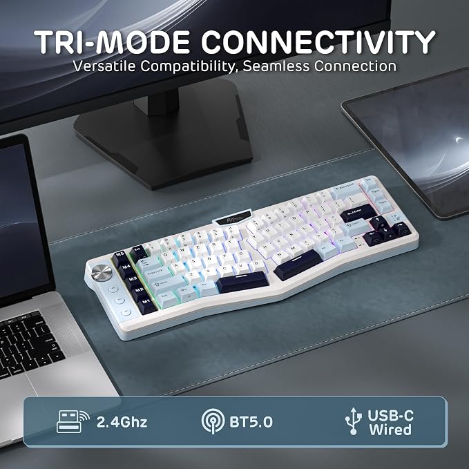 RK ROYAL KLUDGE A72 Alice Ergonomic Wireless Mechanical Keyboard,Split Ergo | Gasket RGB Gaming Keyboard w/Knob/Macro Keys/Touchable Nameplate, BT/2.4GHz/USB-C, 5-Layer Noise Dampening, Win/Mac Software - Image 4