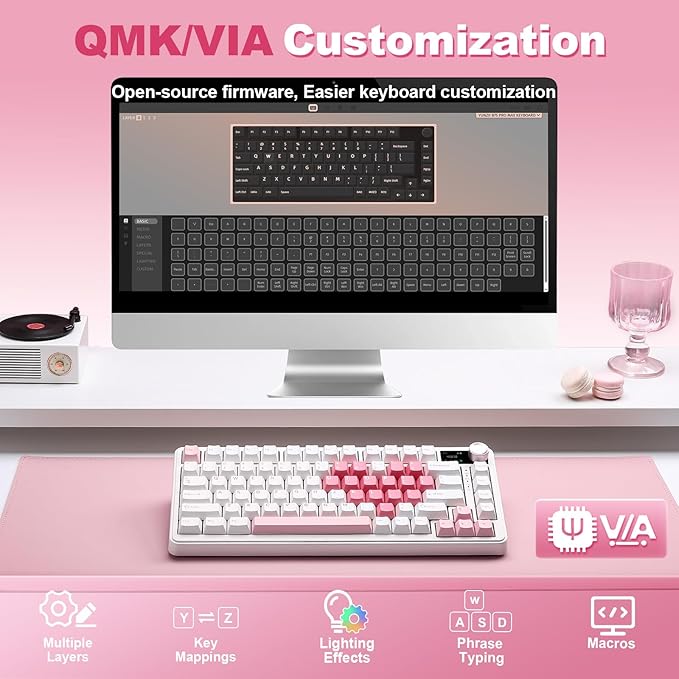 YUNZII B75 PRO MAX 75% Mechanical Keyboard (White Heart,Candy Switch) | QMK/VIA, Wireless Keyboard with Screen and Knob, Custom Hot Swap, Gasket Mount, Creamy Switches, RGB for Gaming/Win/Mac - Image 6