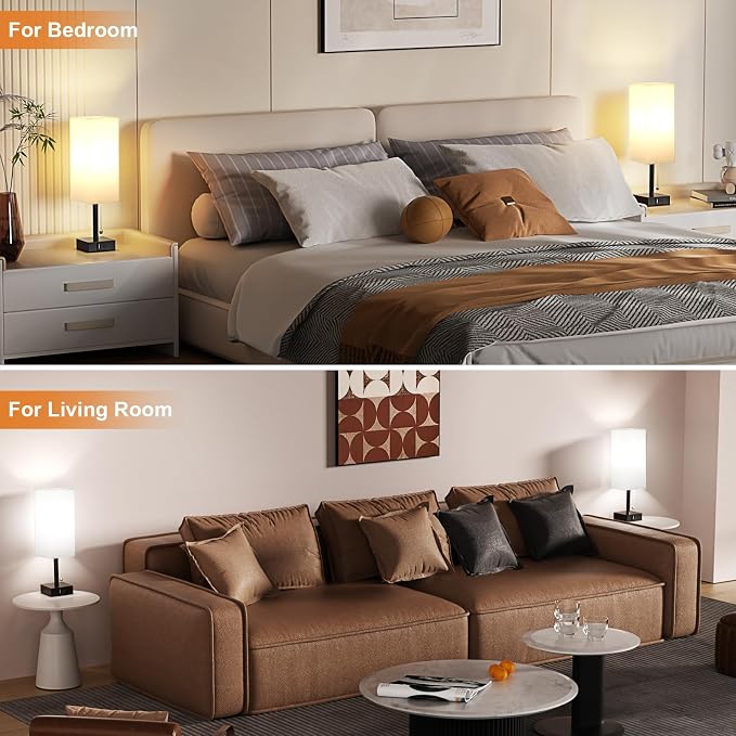 Set of 2 White Bedside Table Lamps for Bedroom - Nightstand Lamp, USB C+A | Pull Chain Lamp, 3 Color Modes(3000K/4000K/5000K), E26 LED Bulb Included, Square White Fabric Lampshade, for Read, Work, Dorm - Image 6