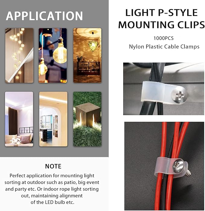 mankk 100PCS 1/4 Inch Rope Light Clips P-Style Mounting Clips Plastic Cable Clamps with Compatible Stainless Steel Pan Head Phillips Screws for Wire Management M-034-W-LS - Image 6