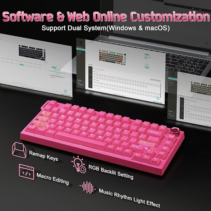 YUNZII RT75 PRO Dual 8K Wireless Gaming Keyboard (Pink,Red Switch) | Hall Effect Magnetic Switches & 128KHz Scan Rate,BT/USB-C/2.4G, RGB, Hot-Swappable, CustomizableTGL/SOCD/DKS/MT for Gamers - Image 8