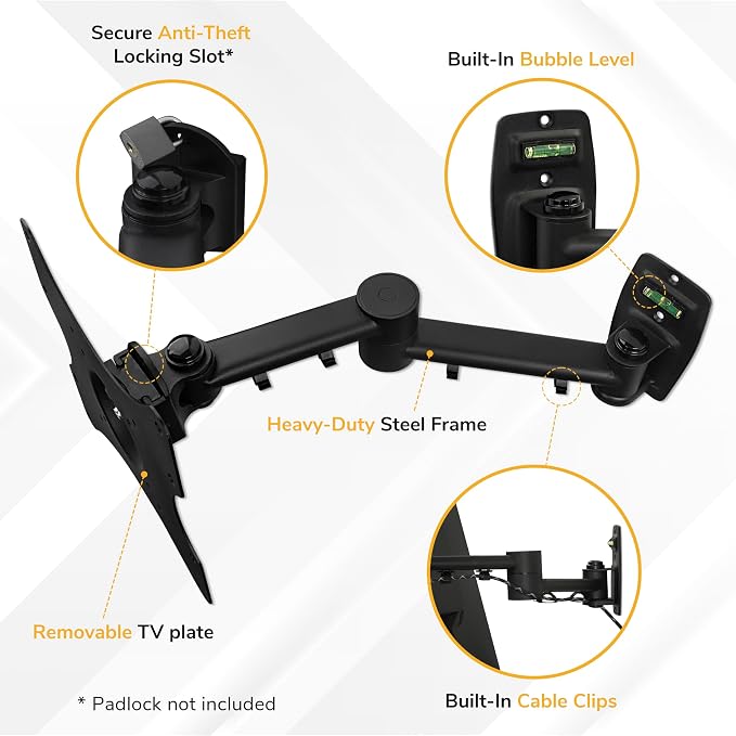 Mount-It! Full Motion TV Wall Mount Bracket for 13-42” Screens – 18" Articulating Arm, Quick Release Plate, Tilt Swivel Rotate, Anti-Theft Lock, Single Stud Install, Supports 44 lbs, VESA 75–200 - Image 6