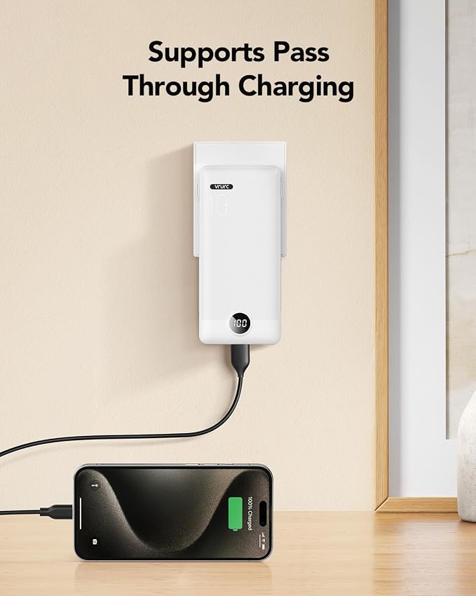 VRURC Portable Charger, Power Bank Built-in Cables and AC Wall Plug | USB C Power Bank 10000mAh Travel Essentials Phone Charger Compact External Battery Pack For Smart Phones, Tablets etc-White - Image 2