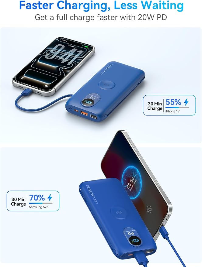 Portable Charger Power Bank 10000mAh PD20W w/Built-in Cables & AC Plug | Portable charger iphone,Fast charging, Built-in wall plug, LED display, Charge 6 devices at once, Pass through charging - Image 7