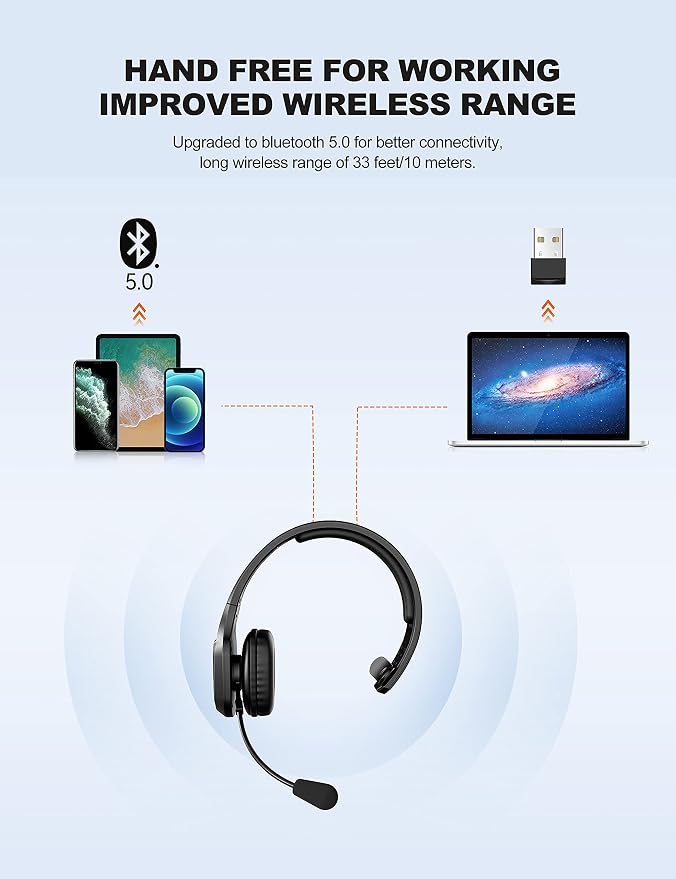 TECKNET Trucker Bluetooth Headset, AI Noise Canceling Mic, Wireless On-Ear | AI Noise Canceling Mic reduces background noise for clear calls. Wireless hands-free headset for truckers and office use. - Image 5