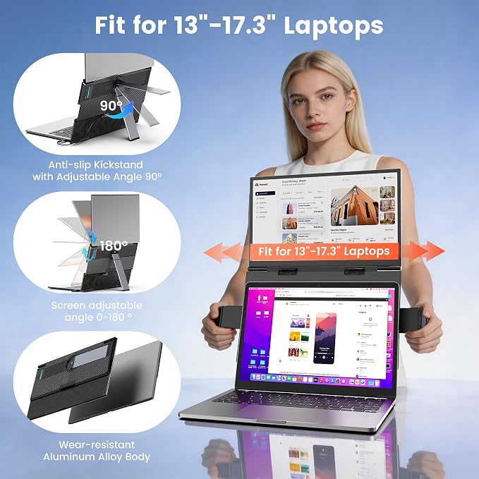 SMISEACOW Laptop Screen Extender 14" for 13-17.3'' Laptops, Portable Dual Monitor for Laptop, Ultra-Slim Clamp-On Vertical Dual IPS 1080P Screen Monitor Extender, USB-C HDMI for Office Travel - Image 3