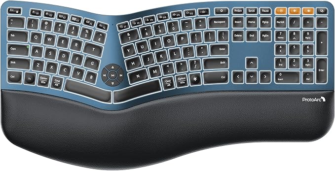 ProtoArc EK01 Plus Backlit Bluetooth Ergonomic Keyboard, Full Size, Blue | Adjustable brightness, split design, cushioned wrist rest, connect 3 devices via Bluetooth/2.4G, 2000mAh USB-C rechargeable. by ProtoArc