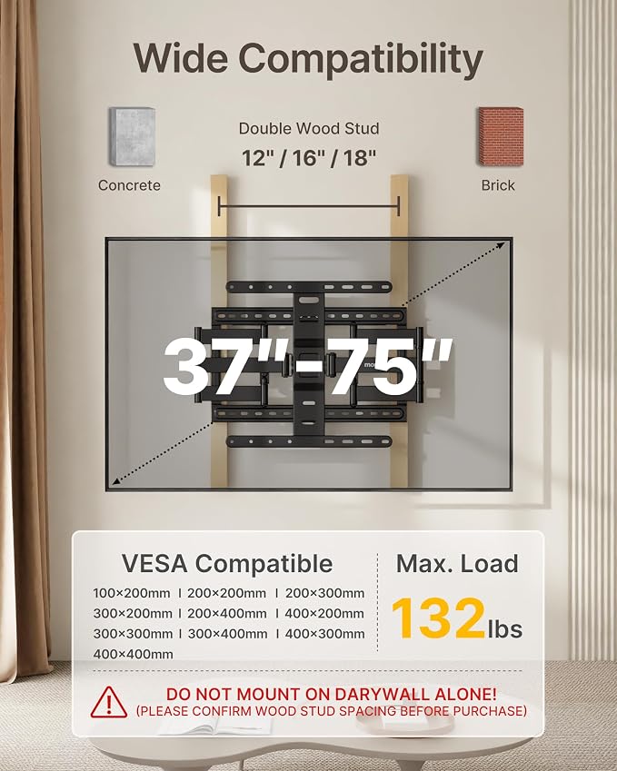 monTEK 1.1-Inch Ultra Slim Full Motion TV Wall Mount for 37-75 Inch TVs | Low-profile mount holds 132 lb, 16.5 in reach, +/-60° swivel; 4X load tested, preassembled, VESA 400x400mm, 16/18 in studs - Image 2