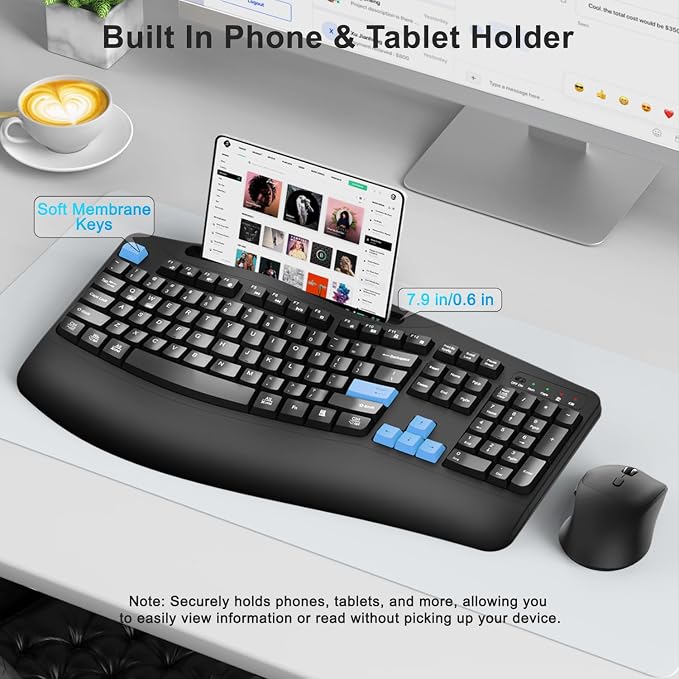 Wireless Keyboard and Mouse Combo, Full Size Ergonomic Wave Keys(Blue) | 2.4G Ergonomic Keyboard with Wrist Rest, Phone Holder, 3-Level DPI Silent Mouse with 6-Buttons, for Windows/Mac OS/Laptop/PC - Image 3