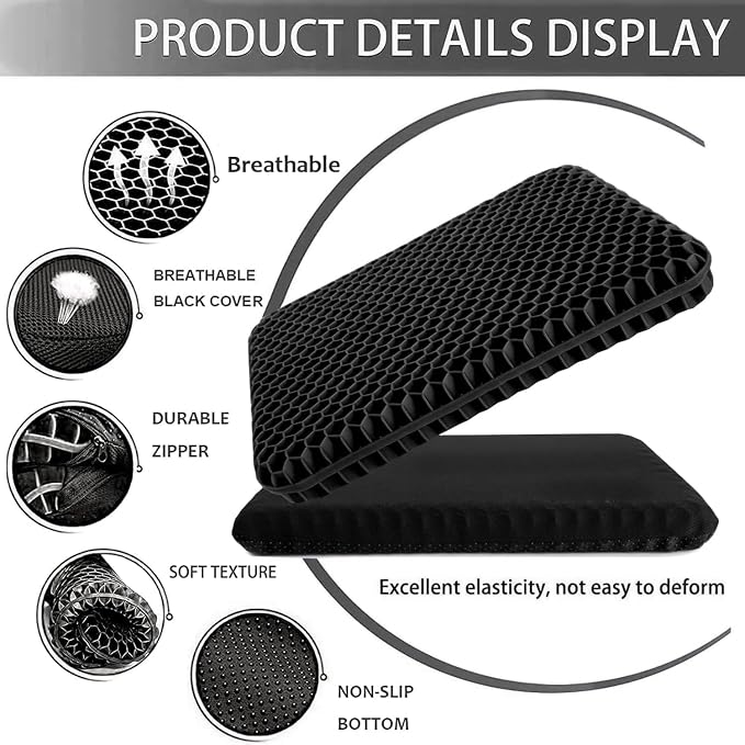 Gel Seat Cushion for Long Sitting, Extra Thick Gel Cushion for Wheelchair Soft Chair Pads for Office Home Chairs Car Seats Long Trips - Back Sciatica Hip Tailbone Pain Relief Cushion (Black) - Image 3