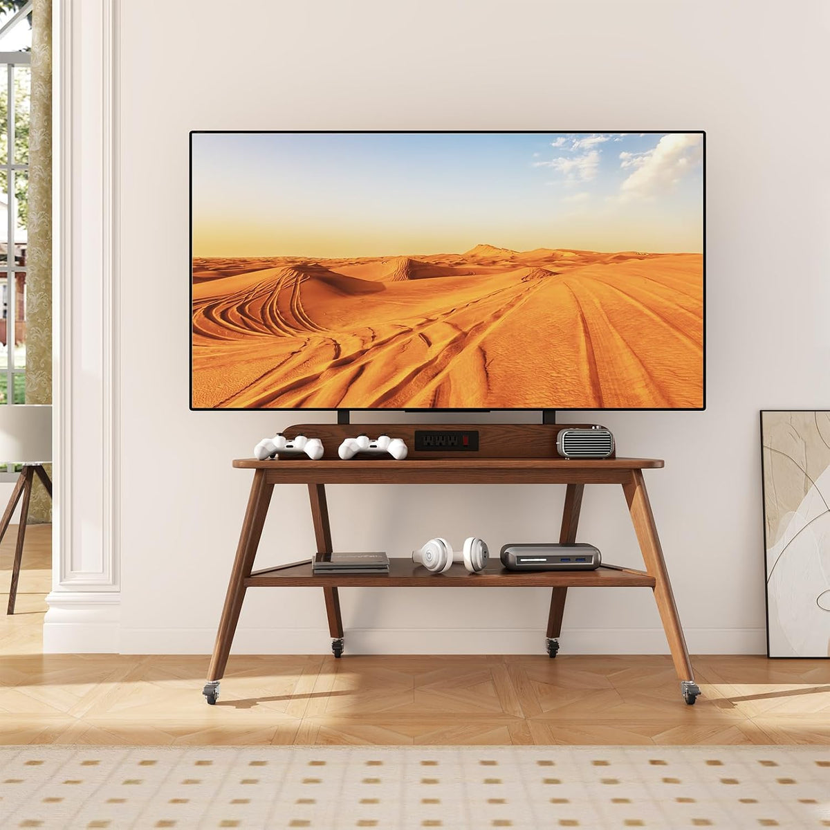 Solid Wood Rolling TV Stand with Power Outlet, Mobile TV Stand by YAZIFIRSTLY