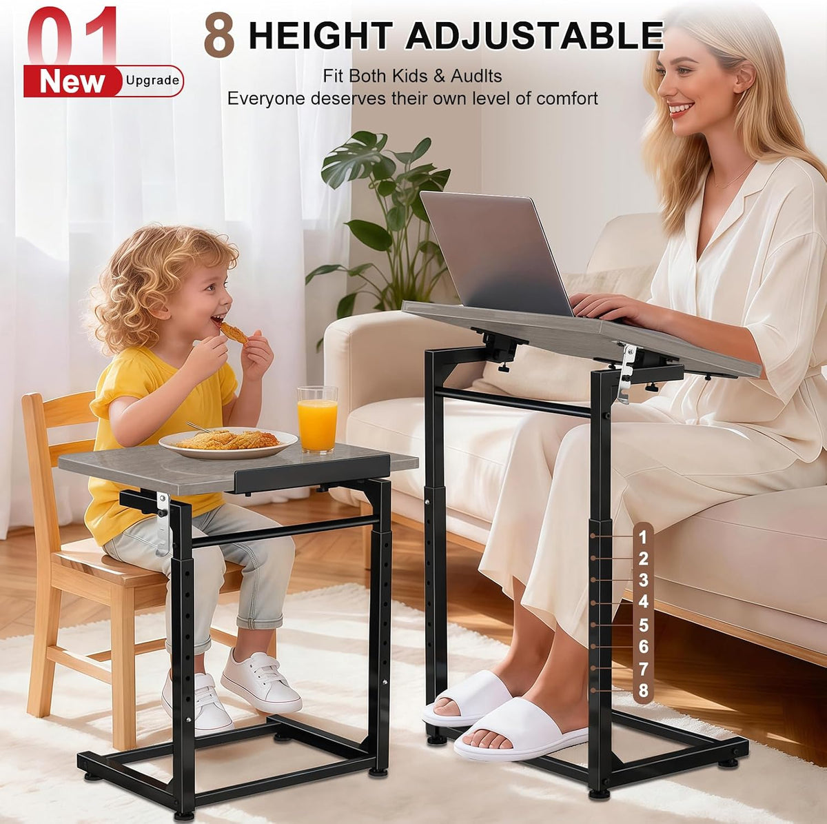 Upgrade Tv Tray Table Set of 2, 8-Level Adjustable Height Couch Side Table, 90° Tilt Angle Foldable C-Shaped End Table with Phone & Tablet Slot for Sofa, Bed, Chair Living Room (Lvory Gray） - Image 3
