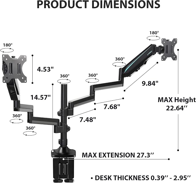 EUREKA ERGONOMIC Dual Monitor Stand, Fully Adjustable Gas Spring Double Monitor Arms for PC Computer Screen 13 to 32 inch up to 17.6 LBS W VESA 75x75mm,100x100mm C Clamp Grommet Base, Black - Image 8