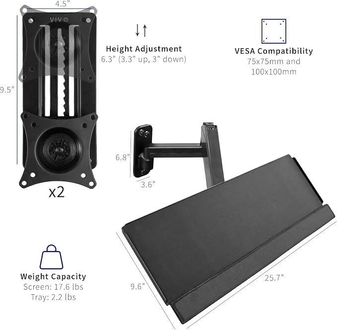 VIVO Sit-Stand 17 to 32 inch Dual Monitor Wall Mount with Pneumatic Arm Keyboard Tray Combo, Height Adjustable, Max VESA 100x100mm, Black, Mount-VWKB2 - Image 3