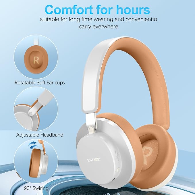 Over Ear Headphones Wireless Bluetooth, Noise Cancelling Headphones Bluetooth with Microphone, Cancelling Wireless Headphones Over Ear, 65h Playtime, Clear Calls, Comfort Fit For Travel (Grey Brown) - Image 6