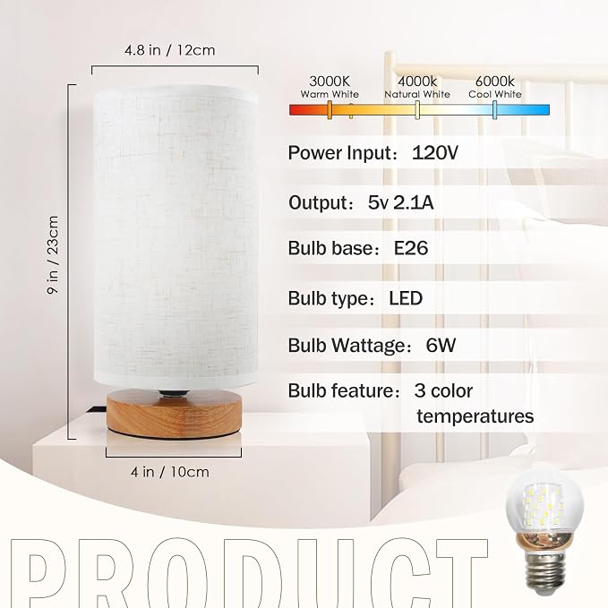 Minimalist Dimmable Nightstand Lamp with Round Fabric Linen Shade, 3 Color Temperatures, Desk & Bedside Lamp for Study, Living Room, Bedroom, Office, Dorm - Image 5