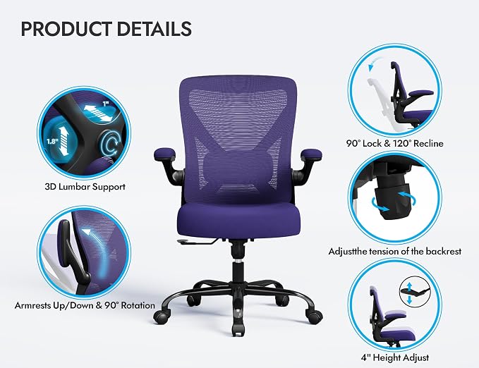 Office Chair: Mesh Ergonomic Desk Chair with 3D Lumbar & Swivel | 330LBS Computer Chair-Executive Task Work Chairs with Flip-up Arms Home Office Desk Chairs Gaming Chair for Long Hour(Purple) - Image 7