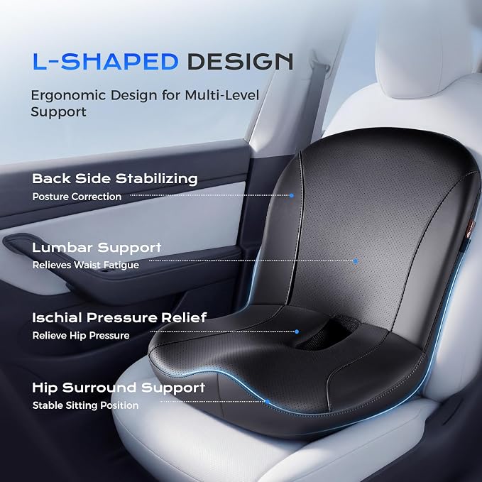 Coverado Car Seat Cushion and Lumbar Support Pillow One Piece, Napa Leather Memory Foam Ergonomic Back Support Driving Seat Cushion for Back Pain, Non-Slip Washable Cushion for Car, Driver, Office - Image 2