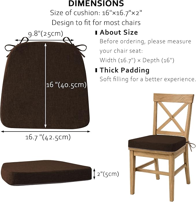 ELFJOY Non-Slip Chair Cushions for Dining Chairs Coffee 16.7"x16" | 4 Pack, with Ties and Washable Cover, U Shape, Breathable Fabric, for Kitchen Dining Office Folding Chairs，Comfortable - Image 3
